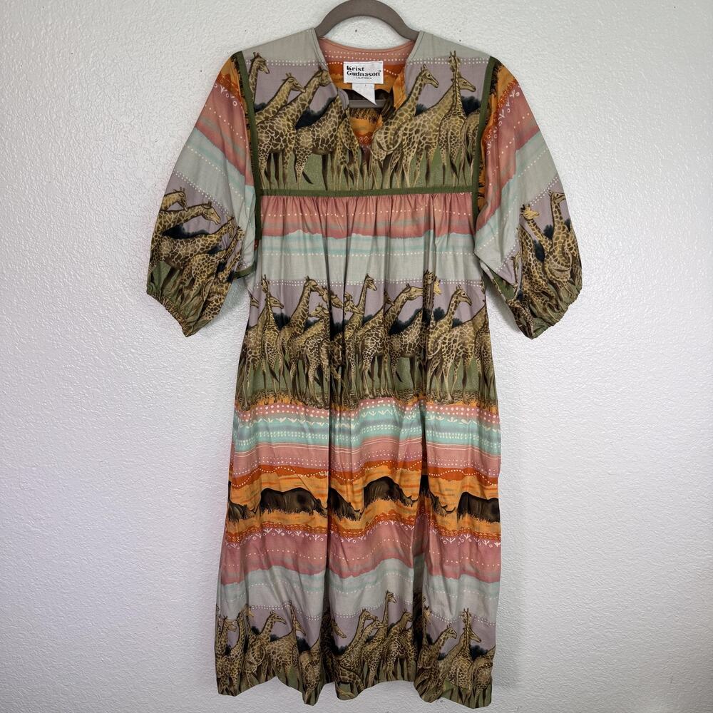 Vintage Krist Gudnason Dress Women Medium Animal Giraffe Rhino 80s Safari Kaftan
